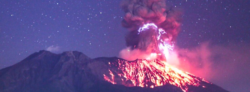 Fiery spectacle, large volcanic ash column after Mount Sakurajima eruption, Japan