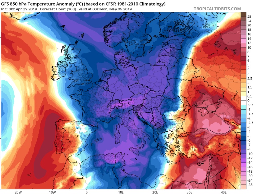 Significant cold blast expected across Europe at the beginning of May