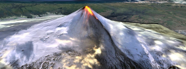 Eruption at Shishaldin continues, lava flowing beyond the summit crater, Alaska