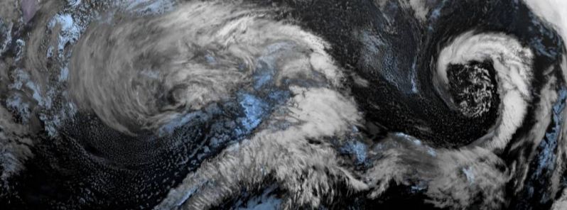 Two interconnected deep cyclones form over the North Pacific Ocean