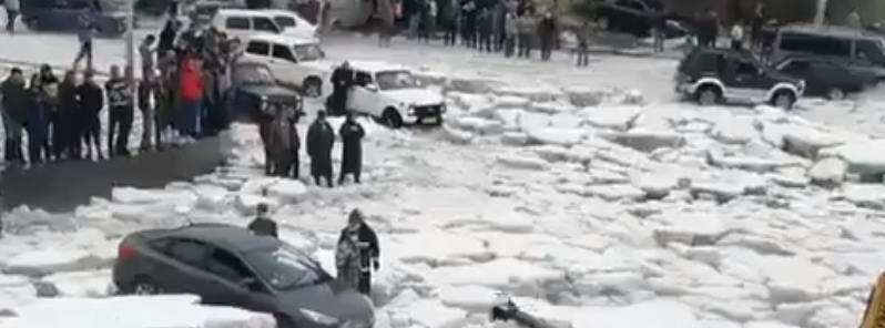 ‘Icebergs’ float through flooded roads after unprecedented hailstorm hits Gyumri, Armenia