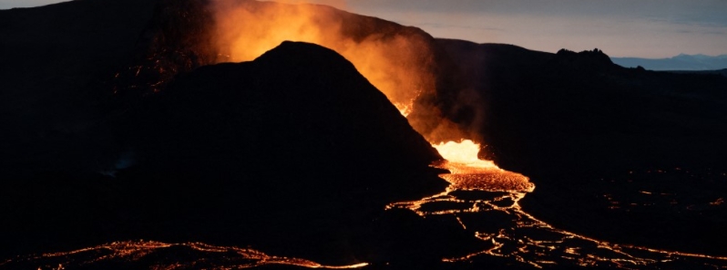 Lava overtakes artificial dam near the Fagradalsfjall eruption site, Iceland