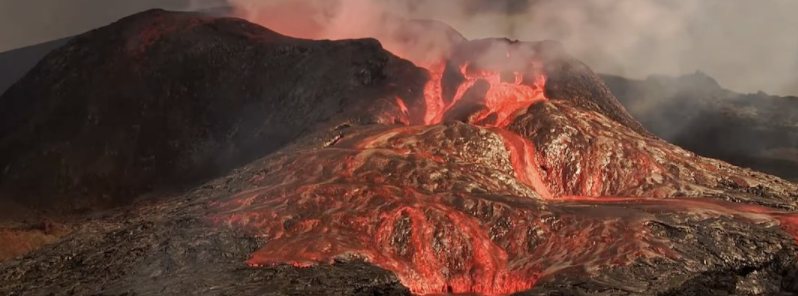 Lava cuts off famous viewing hill of eruption near Fagradalsfjall in Geldingadalur, Iceland