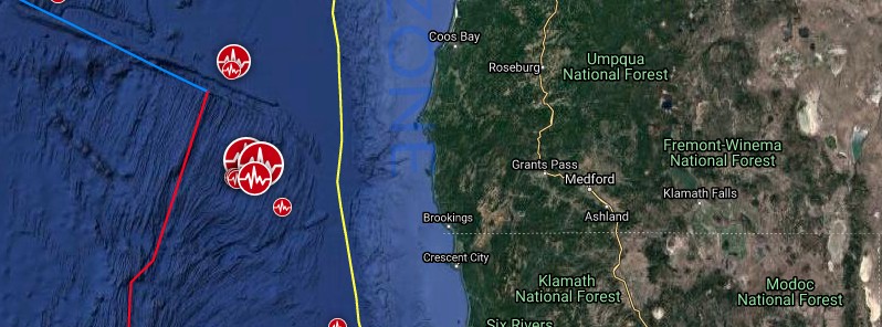Shallow M5.9 earthquakes hit Gorda plate, off the coast of Oregon, U.S.