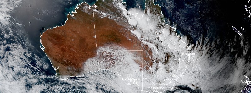 Large weather system affecting Australia, producing massive line of thunderstorms