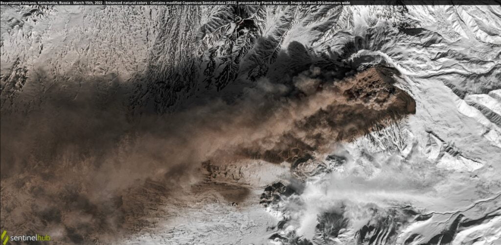 Bezymianny volcano eruption on March 15, 2022. Credit: Copernicus EU/Sentinel-2, Pierre Markuse