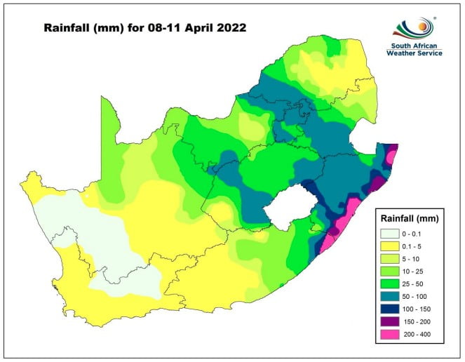 Accumulated rainfall (mm) for the period 8 to 11 April 2022