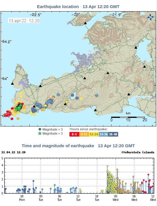Earthquake swarm Reykjanes Peninsula, Iceland April 12 and 13, 2022