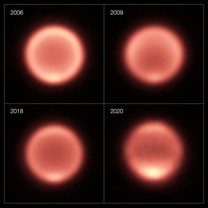 Thermal images of Neptune taken between 2006 and 2020 (different