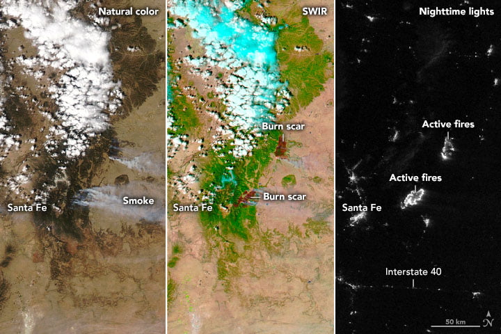 Three views of wildfires near Santa Fe, New Mexico on April 23, 2022