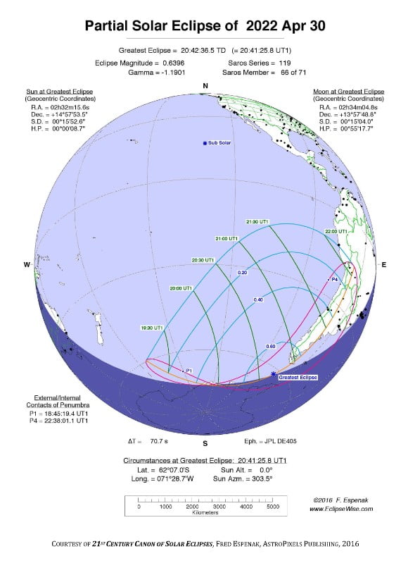 partial solar eclipse of april 30 2022 orthographic map