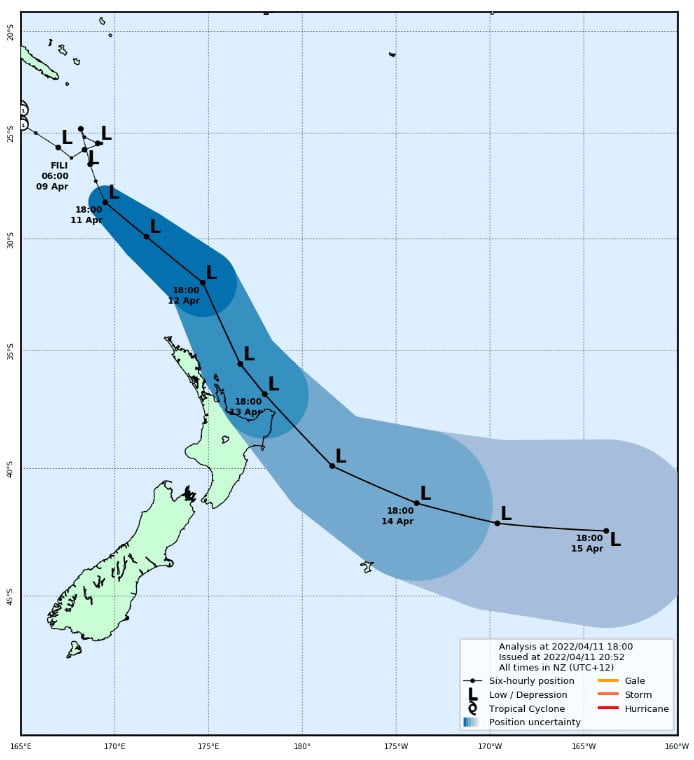 Ex-Tropical Cyclone Fili forecast track April 11, 2022
