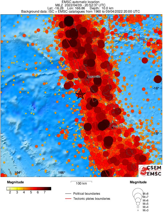 Vanuatu M6.2 earthquake April 9, 2022 - EMSC regional seismicity