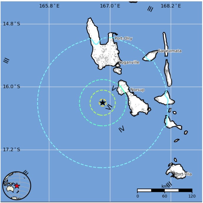 Vanuatu M6.2 earthquake April 9, 2020 - Estimated Population Exposure