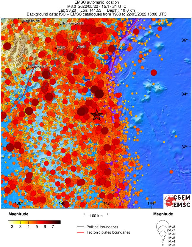 M6.1 earthquake may 22, 2022 off the east coast of Hachijojima Island, Japan regional seismicity