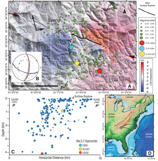 f01 Location, earthquake sequence, and interferometric synthetic aperture radar interferogram for the Sparta earthquake 2020