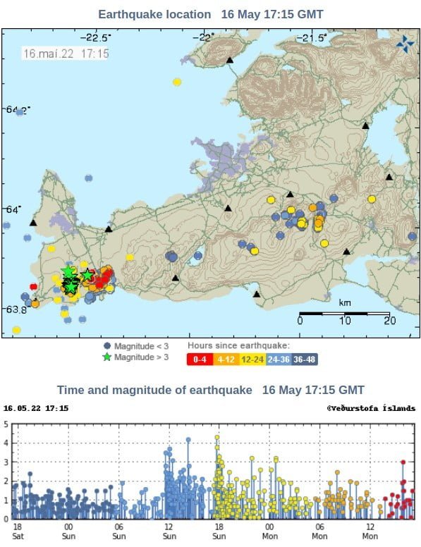 reykjanes peninsula earthquakes 48 hours to 1715z may 16 2022