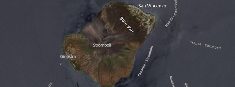 Sentinel-2 views huge burn scar on the island of Stromboli, Italy