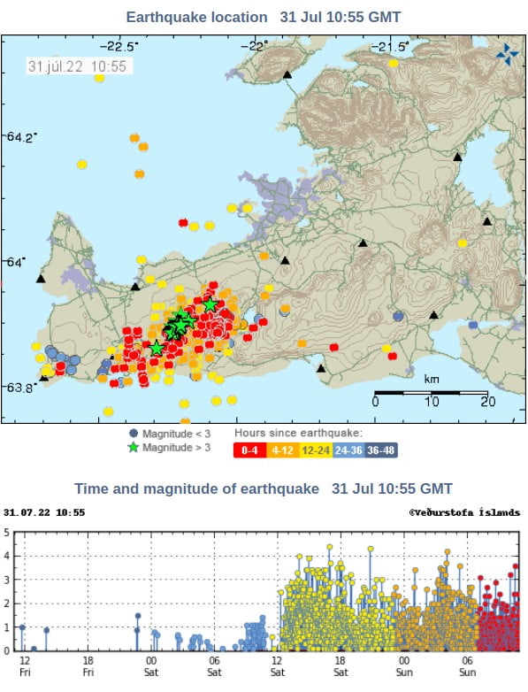 earthquake swarm reykjanes peninsula 48 hours to 1055z july 31 2022