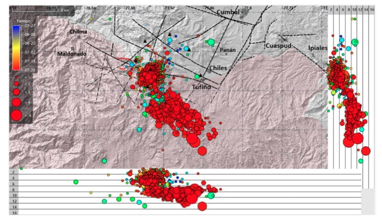 map showing earthquakes under chiles-cerro negro volcanic complex from May 27 to July 26 2022