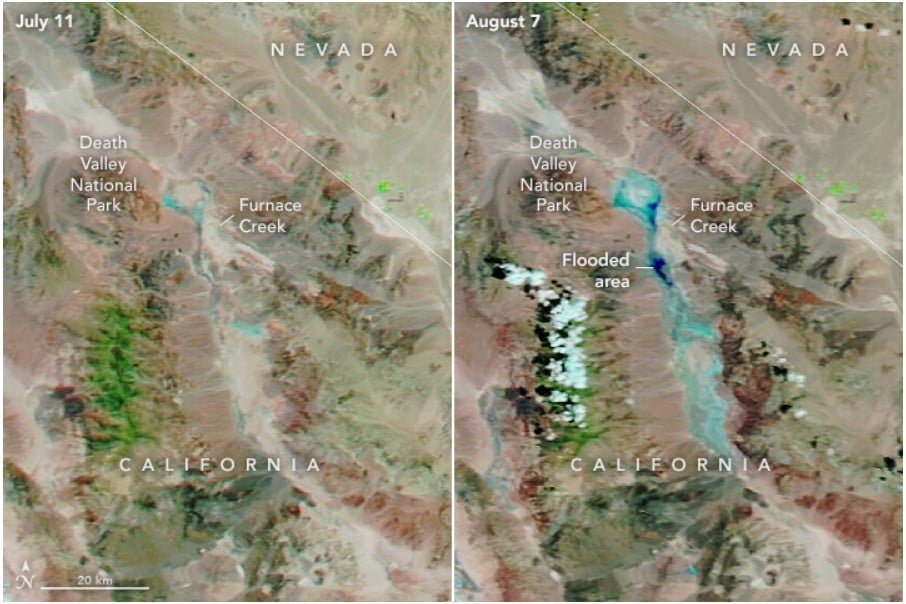 death valley flash flood july 11 and august 7 comparison eo