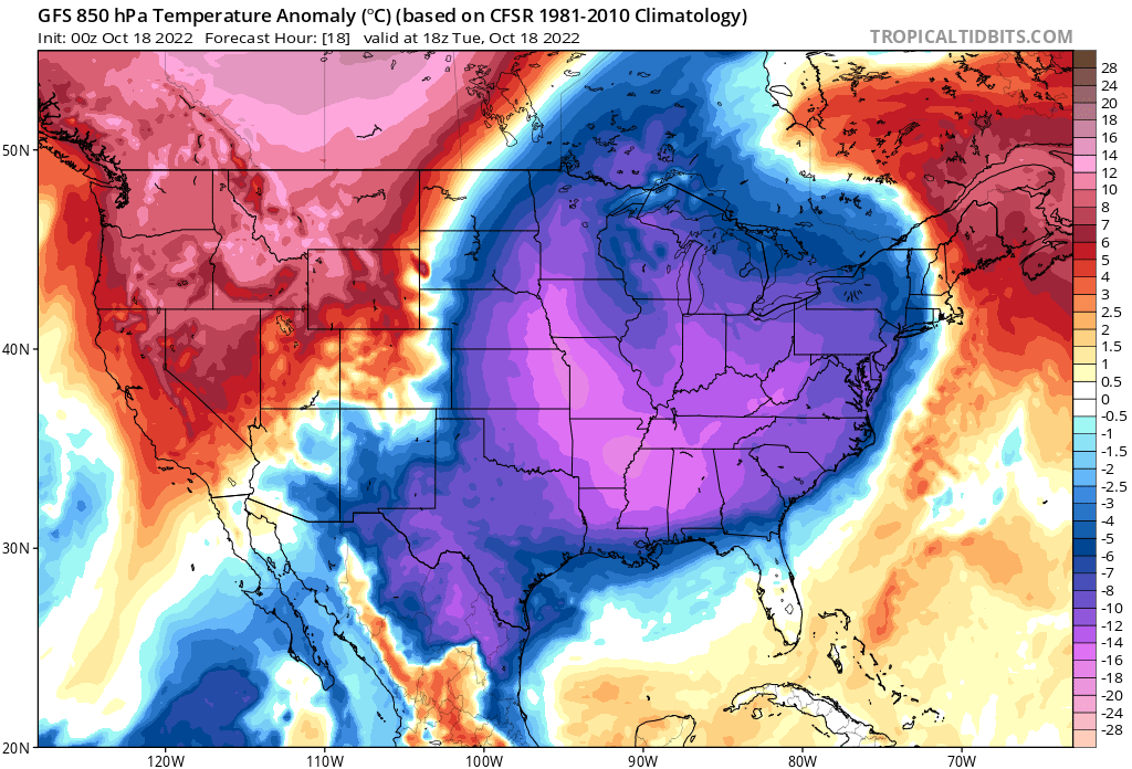 850hPa temperature anomaly 18z october 18 2022 gfs nr0z october 18