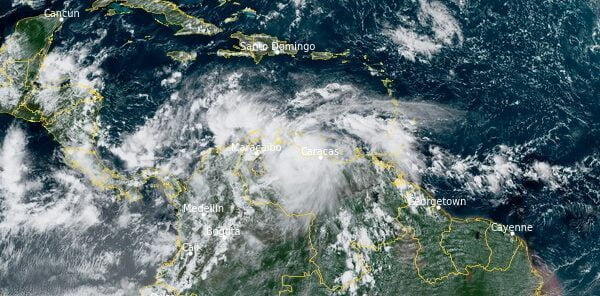 Potential Tropical Cyclone 13 at 17:50 UTC on October 6, 2022. Credit: NOAA/GOES-16, RAMMB/CIRA, The Watchers