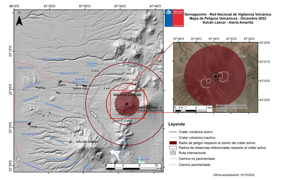 lascar volcano danger map chile december 2022
