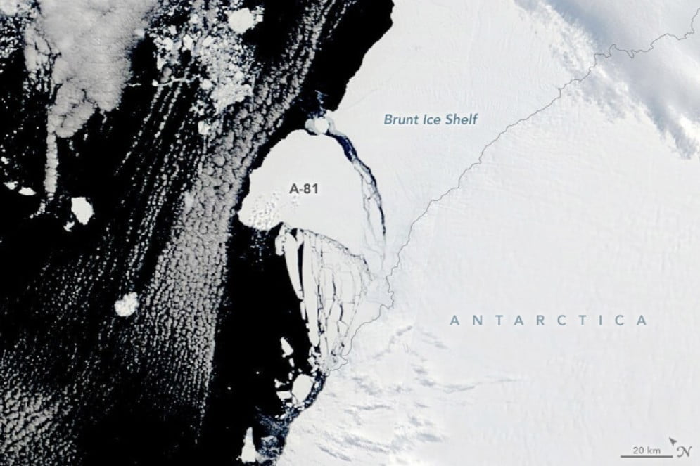Decades-long growing rift in Brunt Ice Shelf finally breaks, creating new iceberg, Antarctica