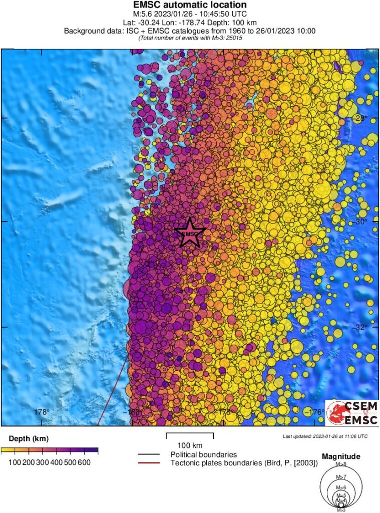 M6.0 earthquake January 26 2023 Kermadec Islands emsc regional seismicity