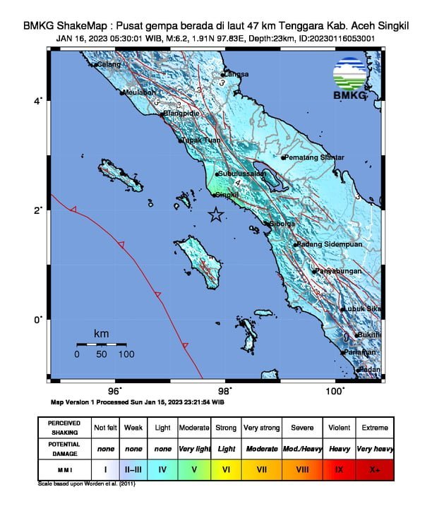 m6-2 earthquake northern sumatra january 15 2023 shakemap