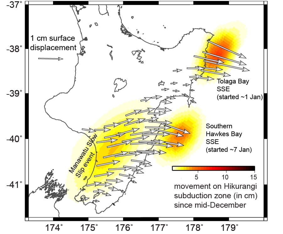 movement on hikurangi subduction zone since mid-december 2022
