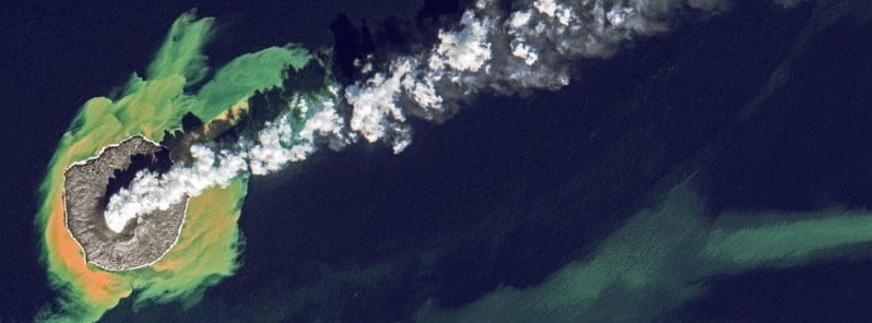 Cloud-free satellite image of Nishinoshima volcano erupting, Japan