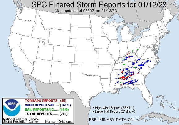 spc filtered storm reports for january 12 2023