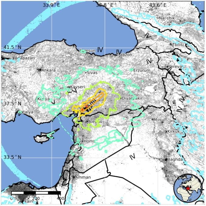 Turkey syria border region M7.8 earthquake february 6 2023 usgs epe