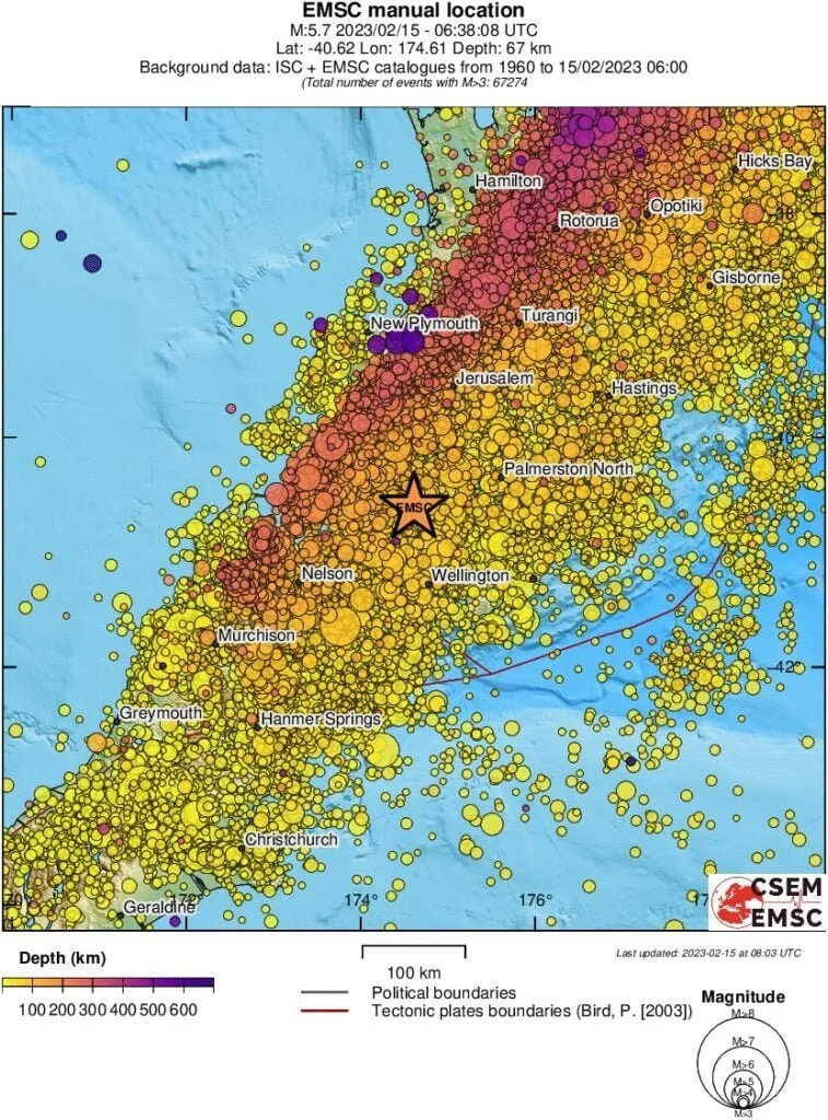 cook strait new zealand m6.3 (geonet) earthquake february 15 2023 emsc m5.7 regional seismicity