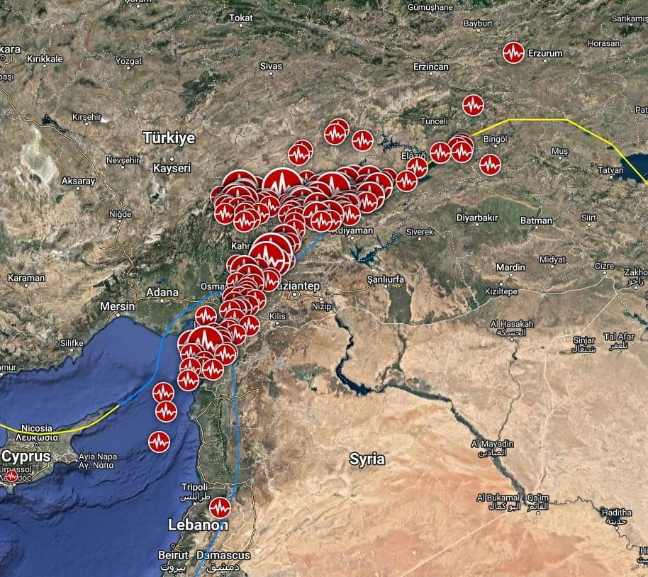 turkey-syria border region earthquakes 30 days to february 20 2023 bg