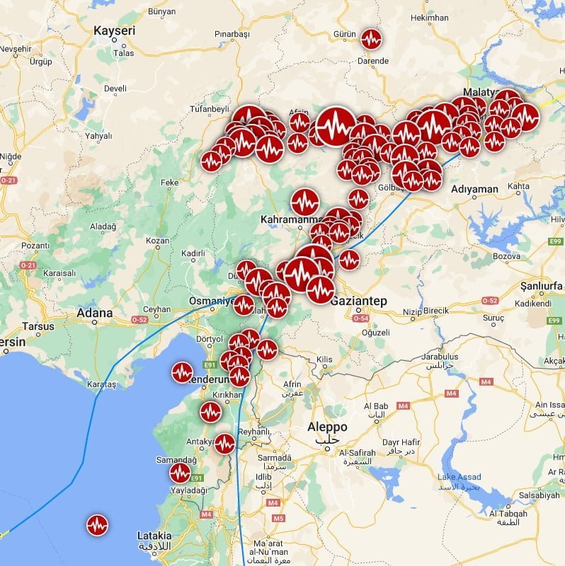 turkey syria border region earthquakes february 6 and 7 2023 map with epicenters