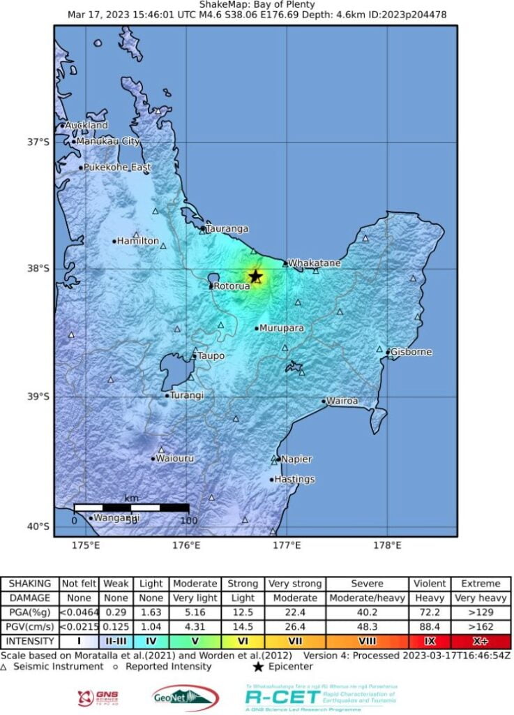 shakemap for the m4.8 earthquake in Kawerau new zealand march 18 2023
