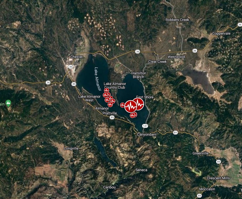 Lake Almanor earthquakes may 11 and 12 2023 location map bg