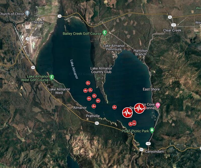 Lake Almanor earthquakes may 11 and 12 2023 location map bgz