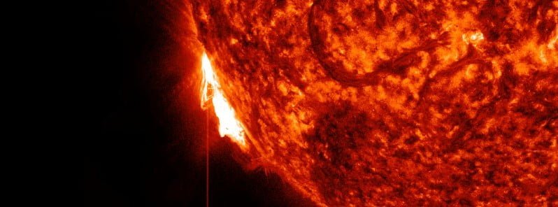 Strong M9.6 solar flare erupts from the southeast limb of the Sun