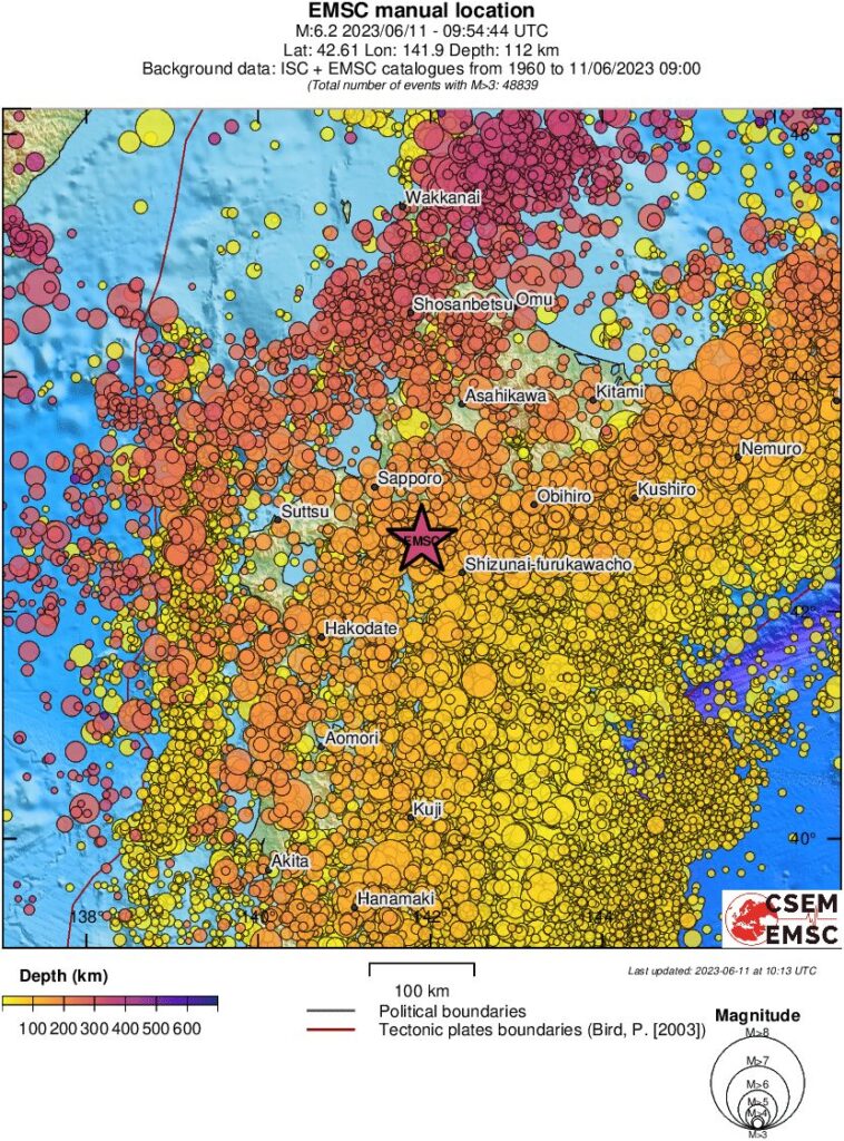 hokkaido japan earthquake location m6.2 june 11 2023 emsc regional seismicity