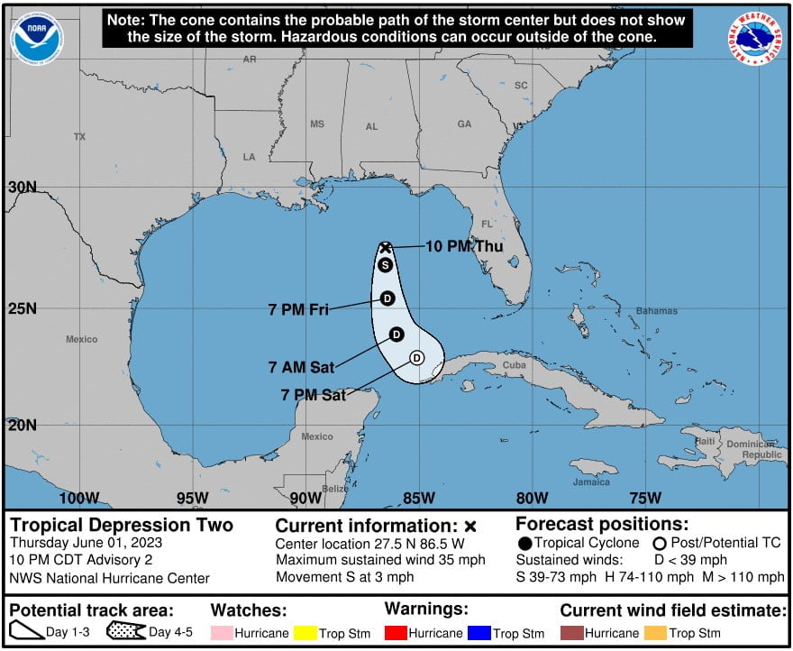 tropical depression 2 nhc forecast track 03z june 2 2023