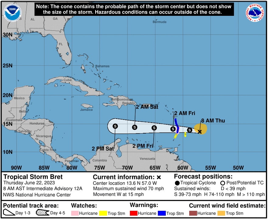 tropical storm bret nhc forecast track 12z june 22 2023