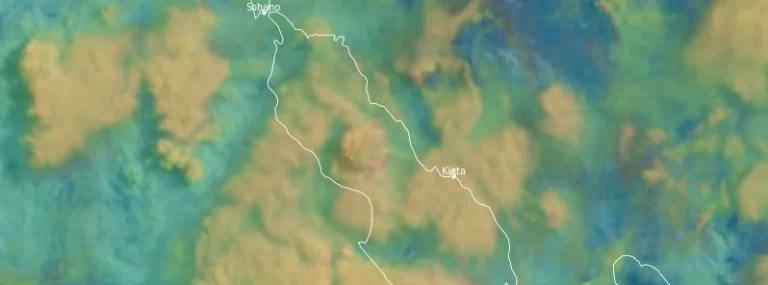 Ash plume rising above Bagana volcano, P.N.G. at 22:00 UTC on July 14, 2023. Credit: JMA/Himawari-9, RAMMB/CIRA, The Watchers
