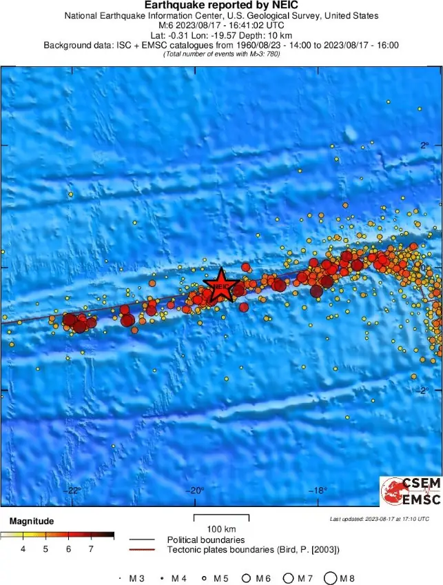 m6.0 earthquake central mid-atlantic ridge august 17 2023 rs