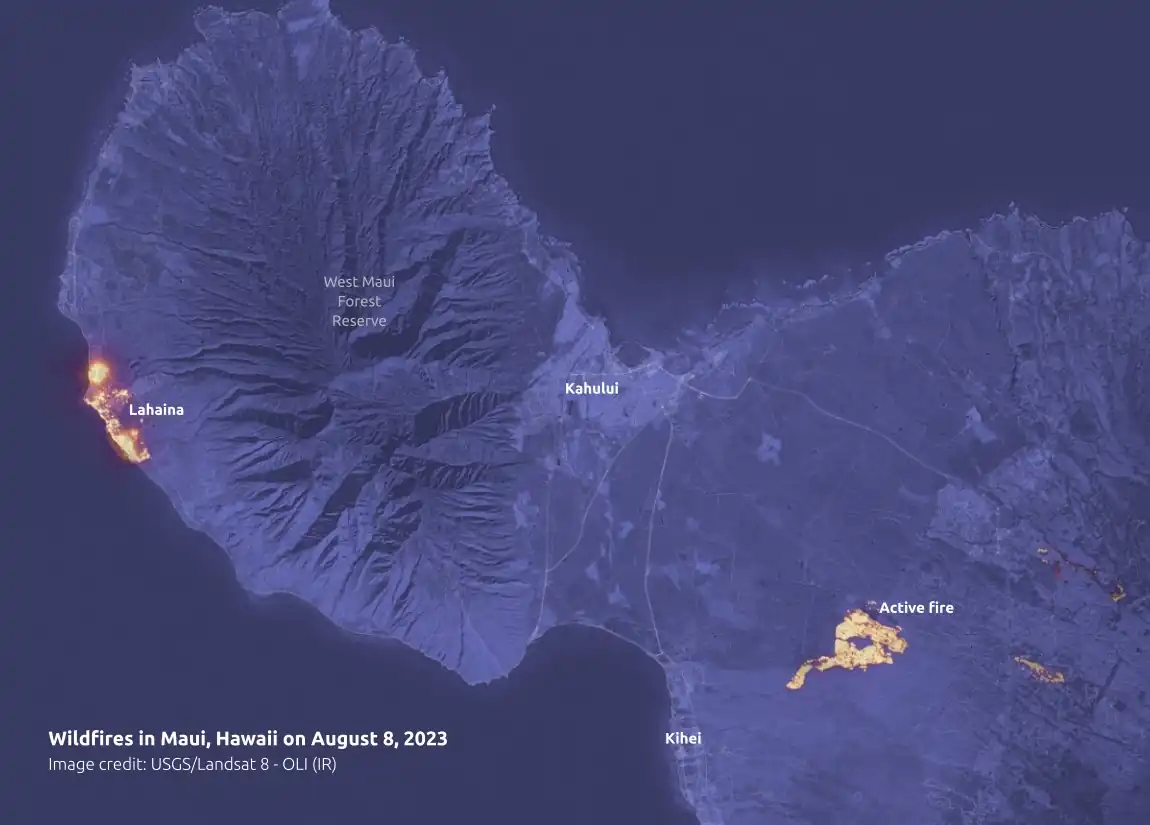 wildfires in maui hawaii on august 8 2023 landsat 8 satellite image