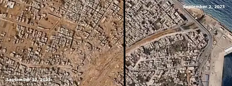 High-resolution satellite image of the port city of Derna after massive floods, Libya