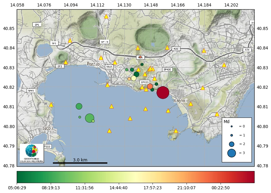 Map of seismic events that occurred at Campi Flegrei during the present swarm of Magnitude (Md) ≥ 1